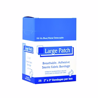 Large Patch Hi-Vis Blue Metal Detectable Bandage Latex Free 25 Ea. Per Box